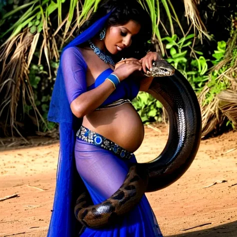 Blue thong Pregnant Happy Horny, aroused 1girl), beautiful kneeling Indian young teen belly dancer  with  giant colossal black titanboa squeezing her hard, wrapped in thick spiraling coils, constricted, struggle, gasping for air, snake attack, snake peril,...