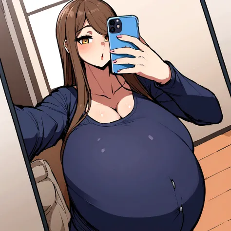 Pregnant woman with huge tits taking selfies with an iPhone 14