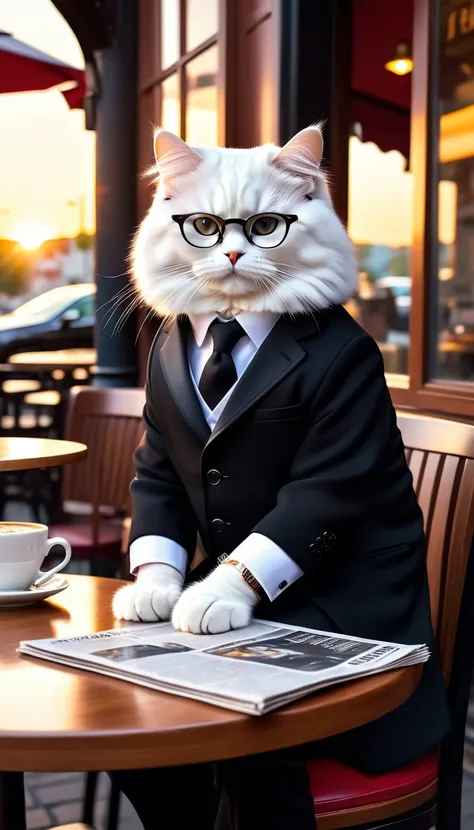 best image quality, sicret agent, sitting a chair in a cafe on a bench complete with a table in a cafe, white Siberian cat in the special black suit clothes style, black glasses, reading the newspaper, wearing a luxury watch in hand, carefully observes in ...