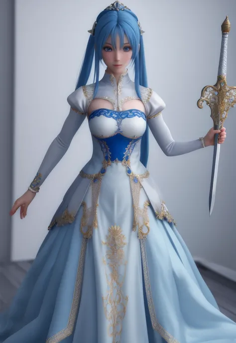 Ultra-detailed and intricate 3D rendering of a beautiful anime character, Beautiful soft studio light, Rim Light, Vivid details,Gorgeous, race, Surreal, Blue Hair, An intimate experience in a hyper-realistic medieval world, Holding a sword  