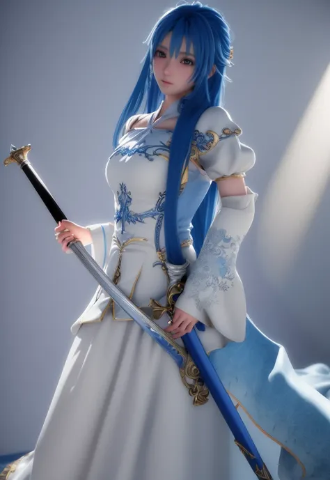 Ultra-detailed and intricate 3D rendering of a beautiful anime character, Beautiful soft studio light, Rim Light, Vivid details,Gorgeous, race, Surreal, Blue Hair, An intimate experience in a hyper-realistic medieval world, Holding a sword  