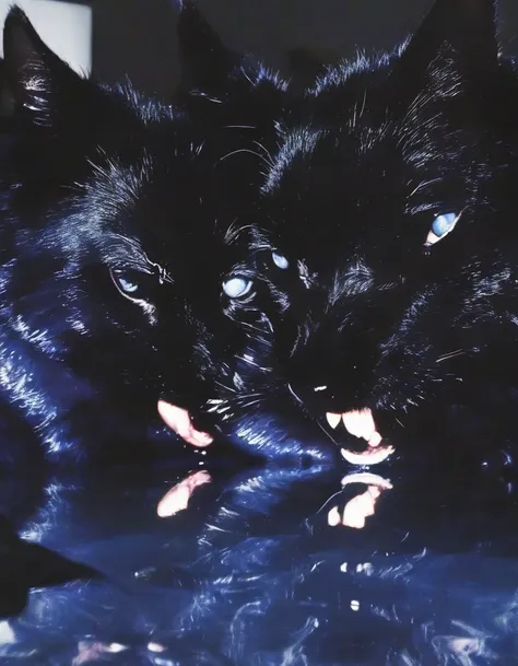 black cats kissing in black water, dark blue background