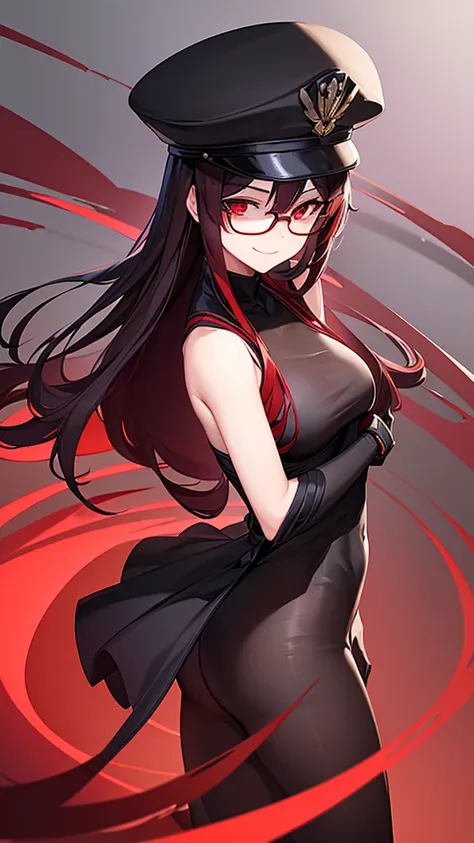 (Masterpiece), (best quality), 20 year old girl, long black red hair, red eyes, solid round eyes, smile softly, shadow, 8K, Awesome details, precise, best quality, UHD, textured skin, Black glasses, Leg length black evening dress, black commander hat.