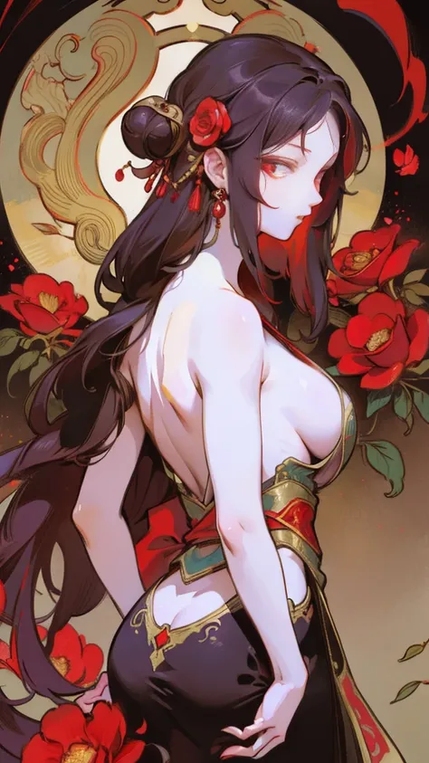 woman in ancient China, back of head profile pose, (solo), (back tattoo), beautiful red eyes, detailed, dream-like face, red and gold flowers, Ukiyo style, Guwitz style artwork. , Guviz, Alphonse Mucha and Rose Drews, a beautiful artistic illustration, aut...