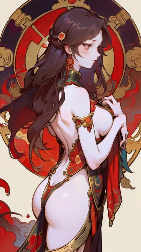 woman in ancient China, back of head profile pose, (solo), (back tattoo), beautiful red eyes, detailed, dream-like face, red and gold flowers, Ukiyo style, Guwitz style artwork. , Guviz, Alphonse Mucha and Rose Drews, a beautiful artistic illustration, aut...