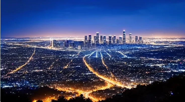 Night city view from a hill with blue sky, City lights on the horizon, 夜のLos Angeles, shiny Distant City, City lights in the background, Light in the distance, Blue Hour, Los Angeles, blue night, Midnight City Lights, Blue Hour lighting, Distant City, Long...