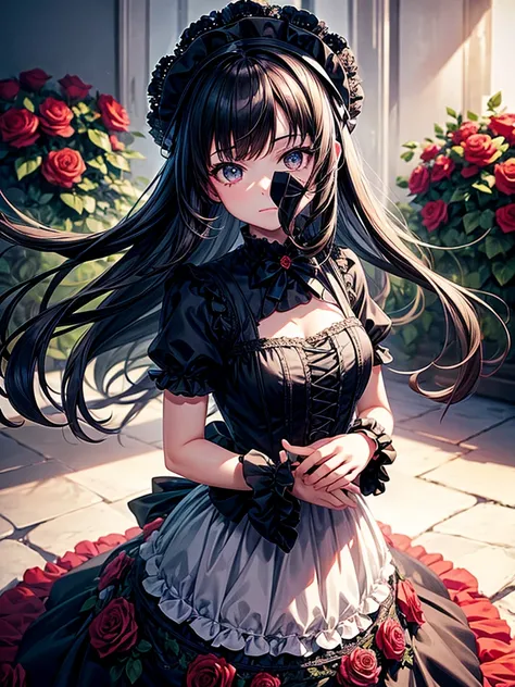 Highest quality,Highest Resolution,A girl in a black dress surrounded by roses,Gothic Lolita,