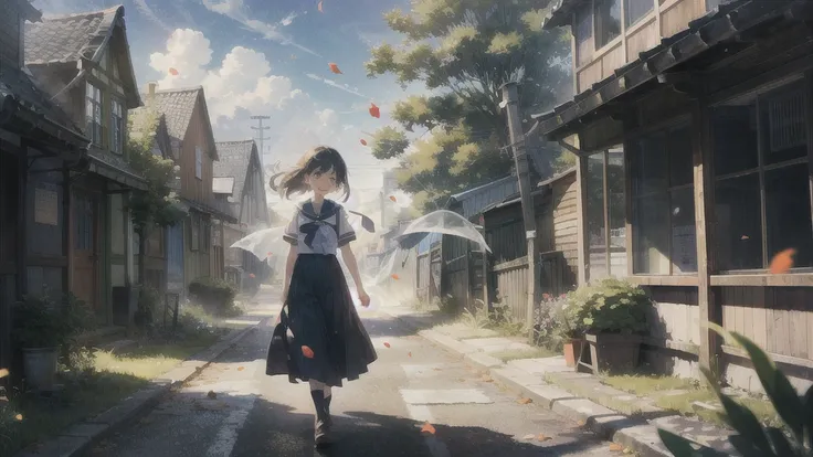 (masterpiece),  town,  blue sky,  One Girl,  smile,  alone,  Sailor suit、Long skirt,  Overgrown,  petal,  plant、Skirt lining、Translucent slip、Nostalgic、Strong winds、Skirt fluttering in the wind