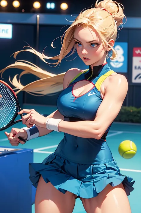 A beautiful mid-twenties woman with long, blonde hair up in a bun. She has big, blue eyes and delicate features, with a confident and dominant expression. She is playing tennis and is in a dynamic pose, striking at the ball with intensity. The background s...