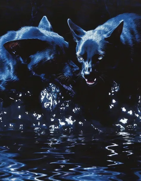 black cats kissing in black water, dark blue background