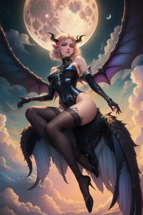 ((best quality)), ((masterpiece)), (detailed), succubus, ethereal beauty, perched on a cloud, (fantasy illustration:1.3), enchanting gaze, leotard, pantyhose, stockings, bodysuit, captivating pose, delicate wings, otherworldly charm, mystical sky, large mo...