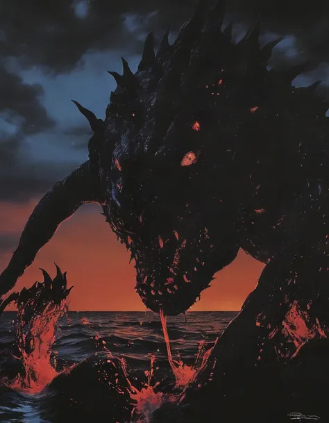 lovecraftian monsters in black water, sunset background