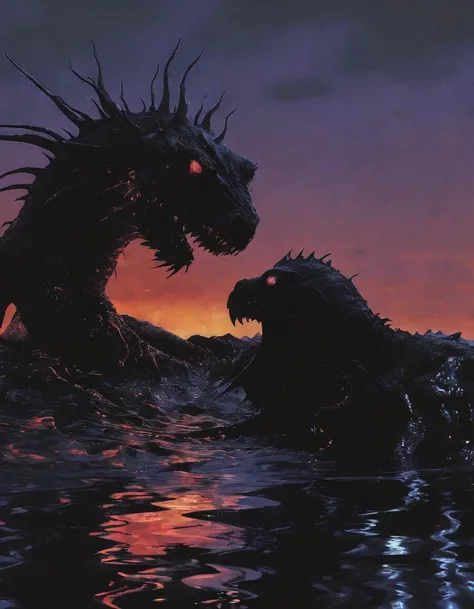 lovecraftian monsters in black water, sunset background