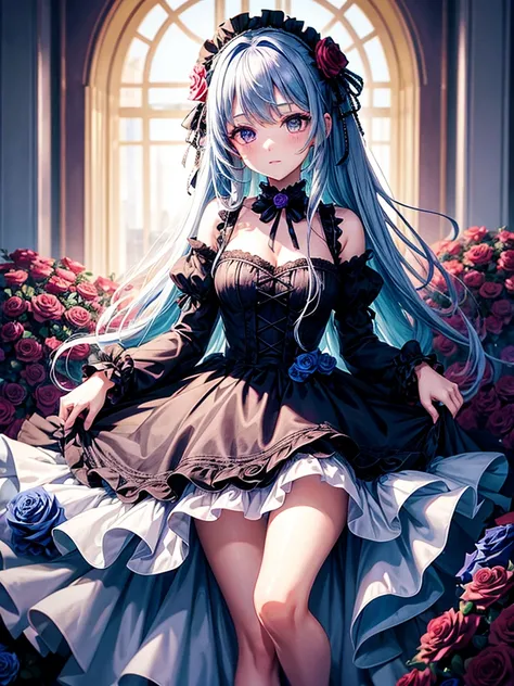 Highest quality,Highest Resolution,A girl in a dress surrounded by roses,Gothic Lolita,Blue Rose,Purple Rose,