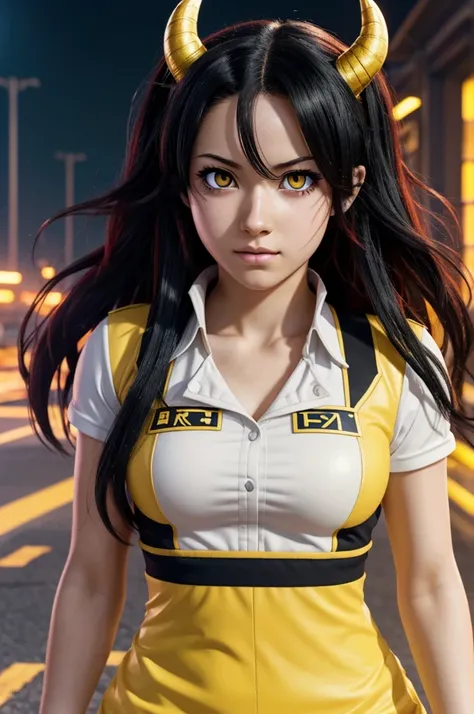 Screenshot anime Boku no hero academia, young woman, white-skinned British ethnicity, half red half black hair long wavy eyes, golden eyes, slanted with yellow horns