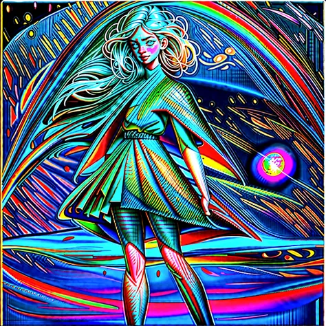 An ultra-realistic and ultra-detailed (Legendary Multicolored Psychedelic Masterpiece), ((HOLDING A GORGEOUS COLORFUL RAINBOWLUMINESCENT GALAXY IN HER HANDS)), ((full body portrait)), (Dynamic Angle), best quality, (Angled View), 1girl, She is a Gorgeous M...