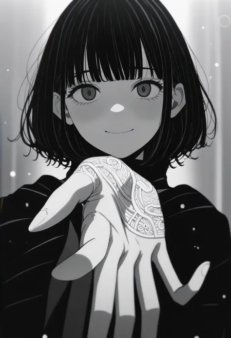 masterpiece, best quality, 1girl mamerakkkkko, grayscale, manga style, japanese, chi no wadachi, black eyes, street, iced, black hair, smile, lineart, black coat, black scarf, black pants, centered, 18 years old, tall, fair skinned, bokeh background, bob c...