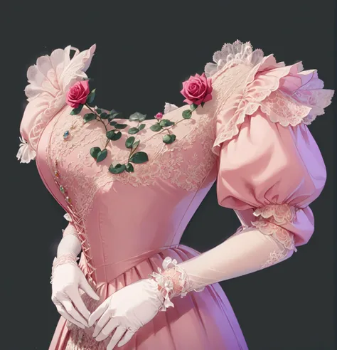 beautiful illustration, ultra-detailed, masterpiece, pink dress, white long gloves, victorian era, victorian dress, glitter, roses, white lace, beautiful dress, anime style, a lot of gems on the lace, a lot of lace, a lot of lace