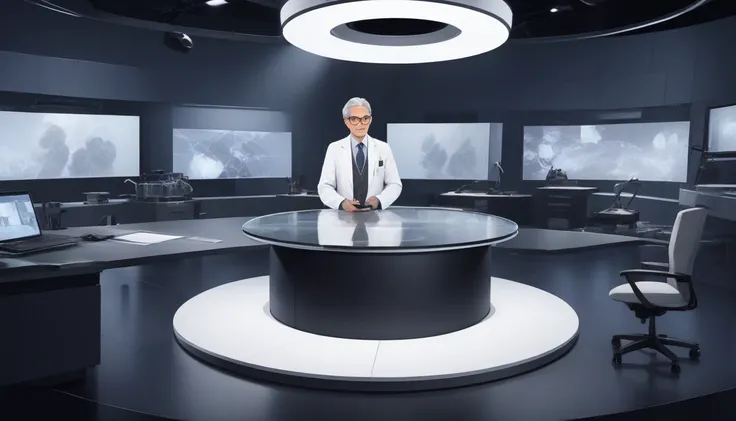 
television studio, modern decor, sophisticated environment, round glass table, elegant presenter, suit, microphone, experts, Dr. Miguel, white coat, stethoscope, engineer, dark suit, tablet, scientist, lab coat, protective glasses, Professor Charlotte Mil...