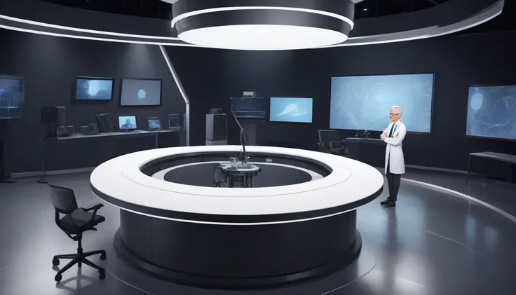 
television studio, modern decor, sophisticated environment, round glass table, elegant presenter, suit, microphone, experts, Dr. Miguel, white coat, stethoscope, engineer, dark suit, tablet, scientist, lab coat, protective glasses, Professor Charlotte Mil...