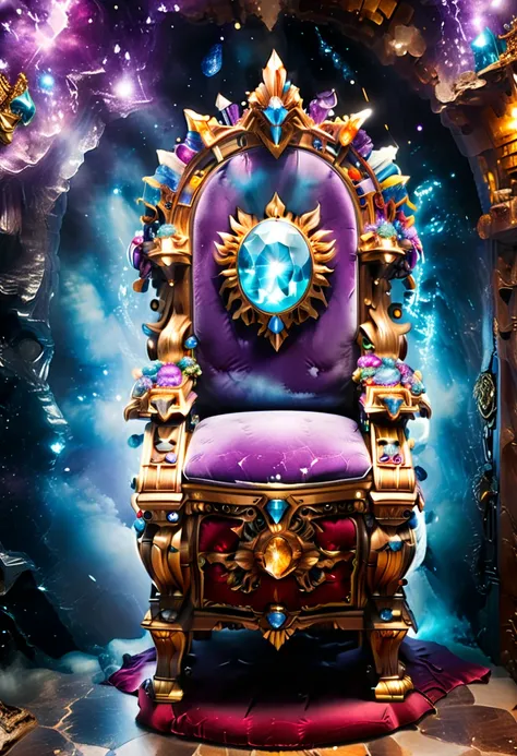 a picture of a massive epic throne, it has purple silk cushions, rubies, topaz, aquamarine gemstones artwork, the throne is epic in its majestic, power, and royalty, symmetric with many wood leonine carvings on the handle, a majestic bold eagle head carvin...