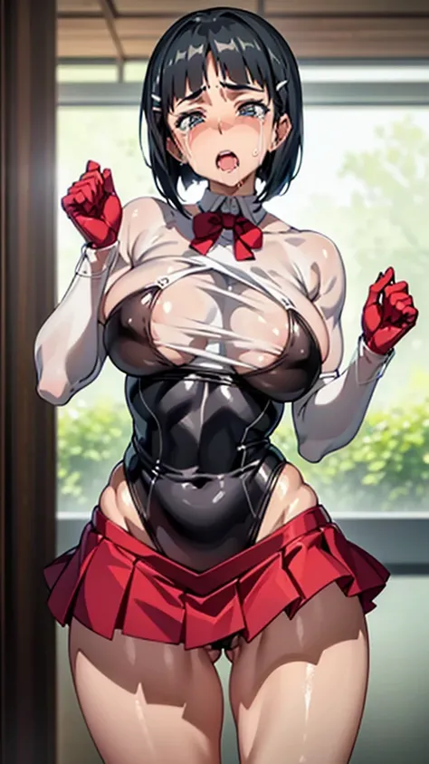 アニメ,Perfect Anatomy,Suguha Kirigaya,1female,crossed eyes,(rolling eyes),open mouth,(tongue out),(crying),(see through highleg leotard),((micro skirt)),short hair,large breasts,(slim body)