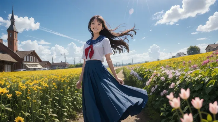 (masterpiece),  town,  blue sky,  One Girl,  smile,  alone,  Sailor suit、Long skirt,  Overgrown,  petal,  plant、Skirt lining、Translucent slip、Nostalgic、Strong winds、Skirt fluttering in the wind