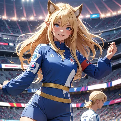 Una giocatrice di calcio, sola in uno stadio della UEFA 2024, shes an half-elf, female, beautiful, happy, vestita con una divisa da calcio blu