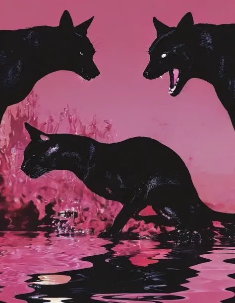 black cats kissing in black water, pink sunset background