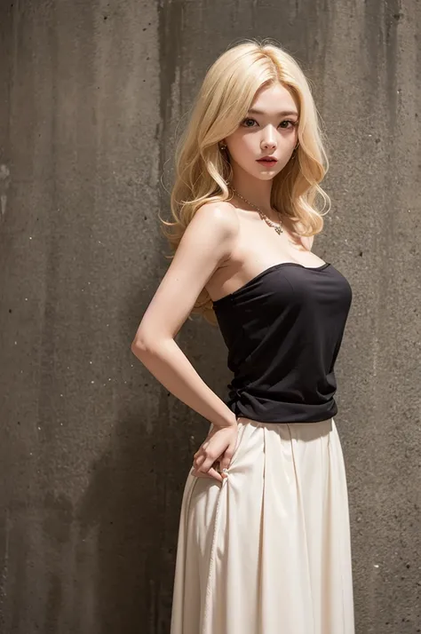 Detailed background, masutepiece, Best Quality, 1 person , Curly hair, blond hair, Strapless blouse, long  skirt