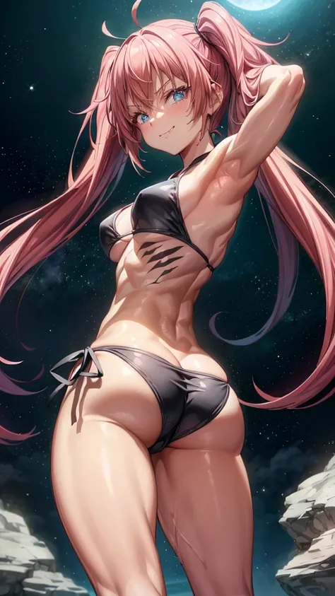 1 girl, (medium boobs))) (((big ass))), (smile), (((wearing short bikini))), (long pink hair), (((blue eyes) ))), (in beach at night with starry sky and moon full of blood), (slender), (thin waist), (butt only), legs (slim and muscular), muscular belly, ba...