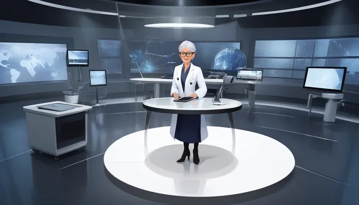 
television studio, modern decor, sophisticated environment, round glass table, elegant presenter, suit, microphone, experts, Dr. Miguel, white coat, stethoscope, engineer, dark suit, tablet, scientist, lab coat, protective glasses, Professor Charlotte Mil...