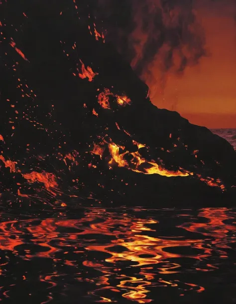  fire in black water, sunset background