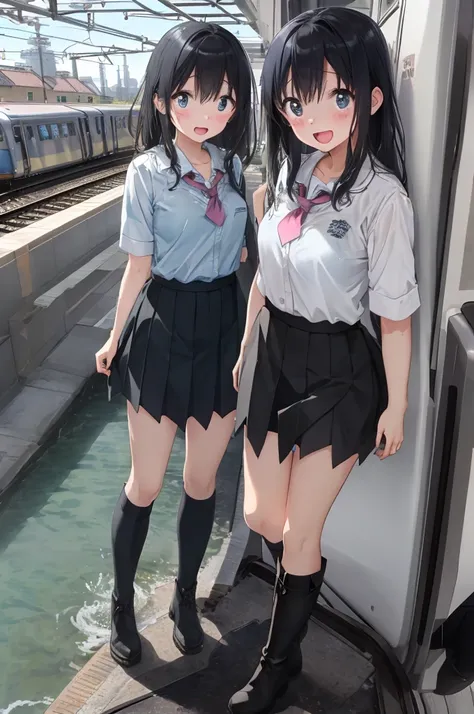 :D、School Anime Cat Girl、青いskirt、Gray Hair、Pink Boots、I々train、City of night、In uniform、Wet clothes、skirt、Visible through clothing、bra,Camel Toe、自分でskirtリフト、See-through panties,Small breasts、(Browsing Caution:1.2),Water Drop、Sparkling Water飛沫、Clean air、Spla...