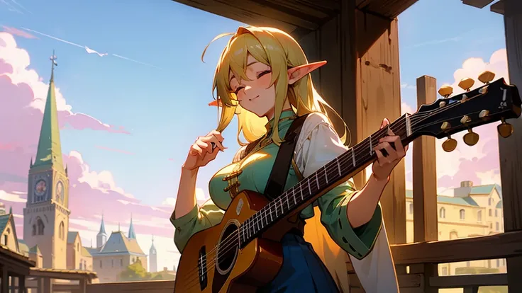 Anime Style,Nostalgic,Detailed background,The medieval world,A lively bar with lots of people,Beautiful sky,Beautiful bard elf girl with closed eyes,guitar,Large Breasts