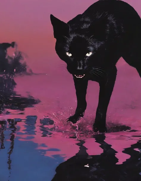 black cat  in black water, pink sunset background