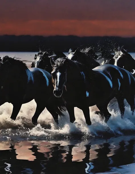 horses running in black water, sunset background