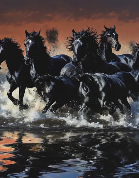 black horses running in black water, sunset background