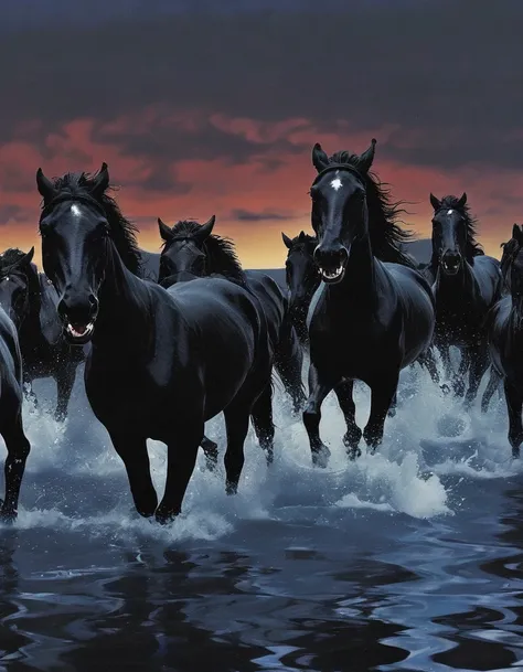 black horses running in black water, sunset background