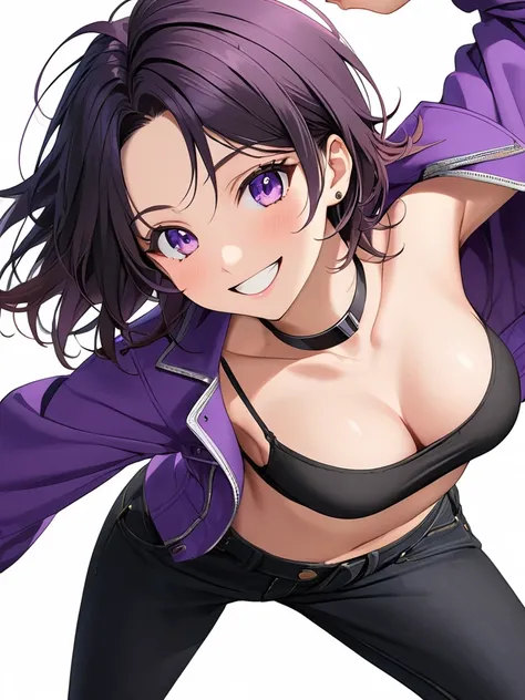 High-resolution anime digital art, Masterpiece, upper full body, tomboy, mature, sexy, smart, hair color black, short pitch black hair, real detail eyes pupil purple, Crop Top black, Long black jeans, Purple jacket, black plains choker, Smiling, dynamic Po...