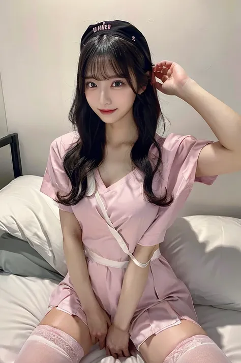 Browsing Caution、((valley:1.5))、Exposed nipples、(Big Tits)、(((pink nurse uniform))、whole body、double eyelid、valley、Hospital room、White garter belt、On the bed、(spread legs:1.5)、Highest quality, Very detailed, Fine details, High resolution, 8K, Perfect dynam...