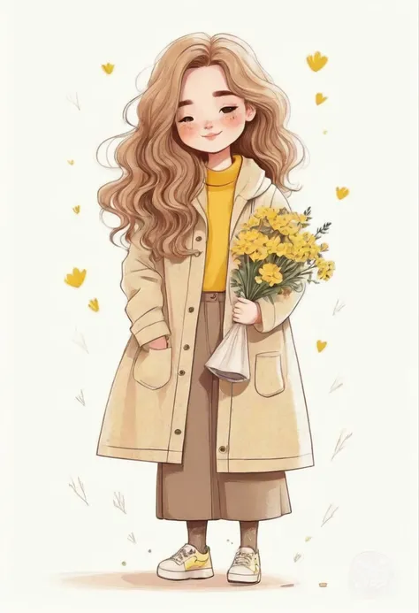 a drawing of a girl with long hair and a coat holding flowers, cute illustration, cute art style, infp girl, beautiful drawing s...