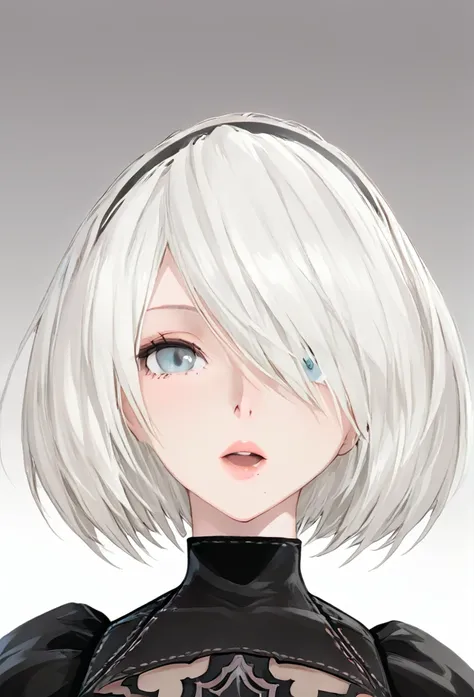 yorha 2B, Nier automata, mature woman, white hair, mature body, looking up at viewer, front view, kabedon