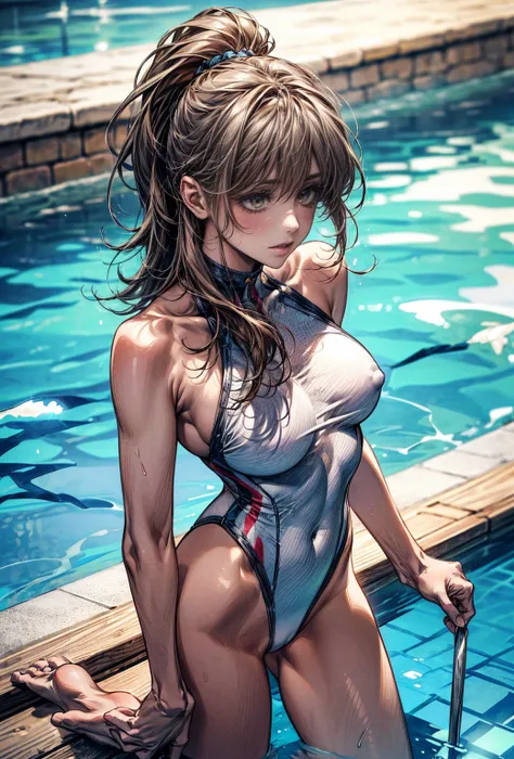 (masterpiece, Highest quality, Super detailed:1.3), Perfect composition, 4K, (Very detailed, Super detailed), White competitive swimsuit, Simple high-leg swimsuit、High resolution, 8k Texture, Attention to detail, Very detailed肌の質感, Magnificent details, Hig...