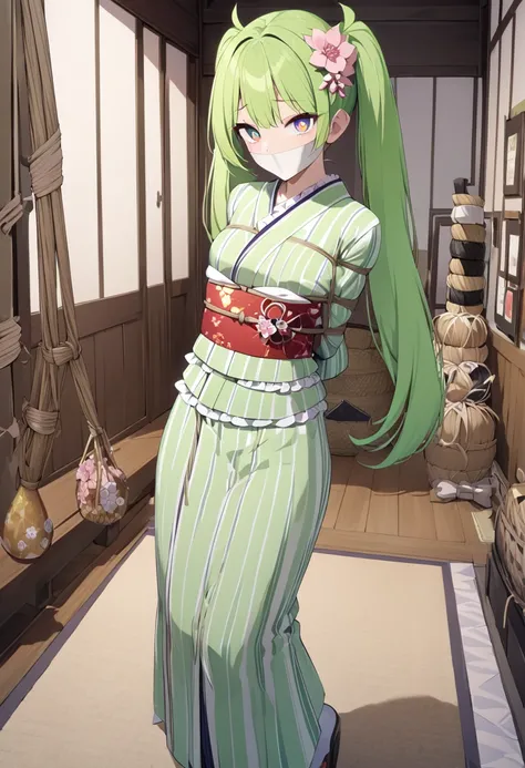 masterpiece, absurdres, high detail, uhd, japan, kyoto, arashiyama,
standing, , woven basket, honey smile,
rutika, green hair, very long hair, twintails, japanese clothes, hair_ornament, hair flower, green kimono, long sleeves, wide sleeves, frills, sash, ...