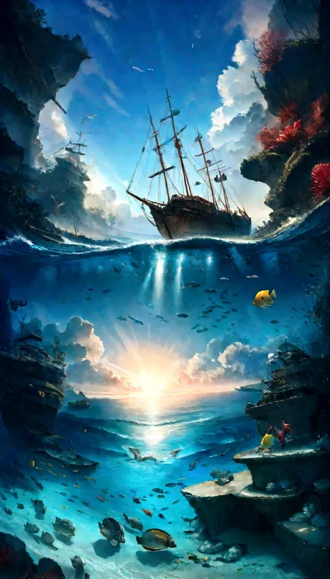 (criaturas do fundo do mar, Ship navigation, beach loaded with plastic), (best quality, 4k, Altas), ultra-detalhado, (fotorrealista:1.37), vivid colors, HDR, underwater scene, shimmering bioluminescence, exotic marine species, Ancient shipwreck, clear blue...