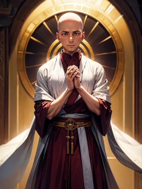 Highest quality,Highest Resolution,A skinhead monk wearing a robe prays with his hands together,Halo,