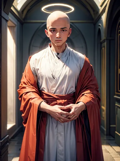 Highest quality,Highest Resolution,A skinhead monk wearing a robe prays with his hands together,Halo,