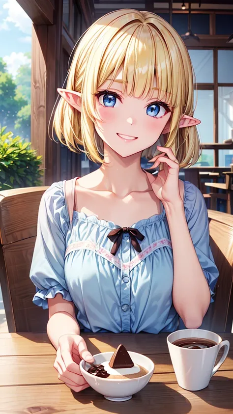 Very close、((Focus on the upper body))、(((16K、masterpiece、High resolution、High resolution)))、((1 young elven girl))、((Beautiful blonde))、short hair、((Beautiful Blue Eyes))、((Pointy Ears))、A very happy face、Grin、blush、Pink Lip Gloss,((Summer clothes with a ...