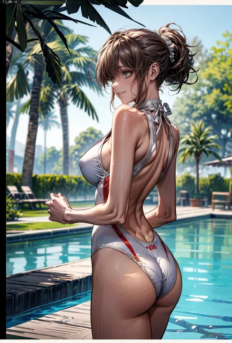 (masterpiece, Highest quality, Super detailed:1.3), Perfect composition, 4K, (Very detailed, Super detailed), White competitive swimsuit, Simple high-leg swimsuit、High resolution, 8k Texture, Attention to detail, Very detailed肌の質感, Magnificent details, Hig...